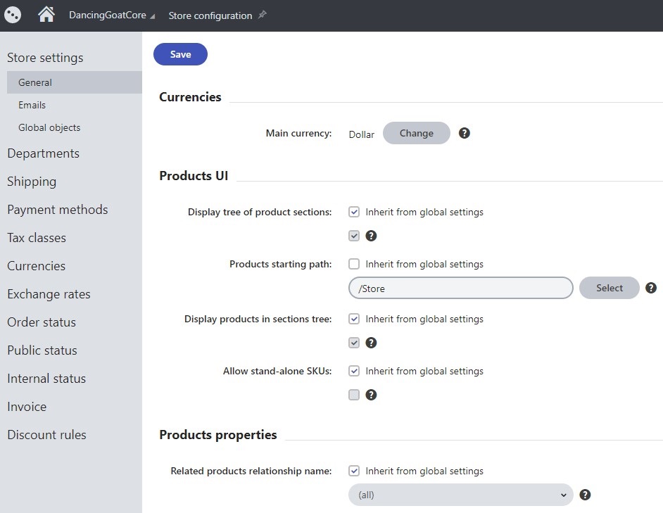 key feature kentico  - commerce - store configuration