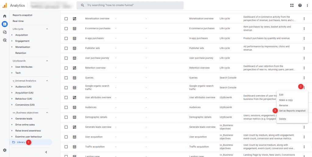 2. set overview report as report snapshot. customize ga4 reports