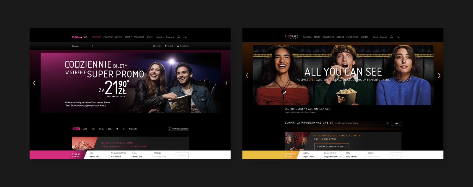 Makieta kilku widoków platformy VUE International opartej o Sitecore