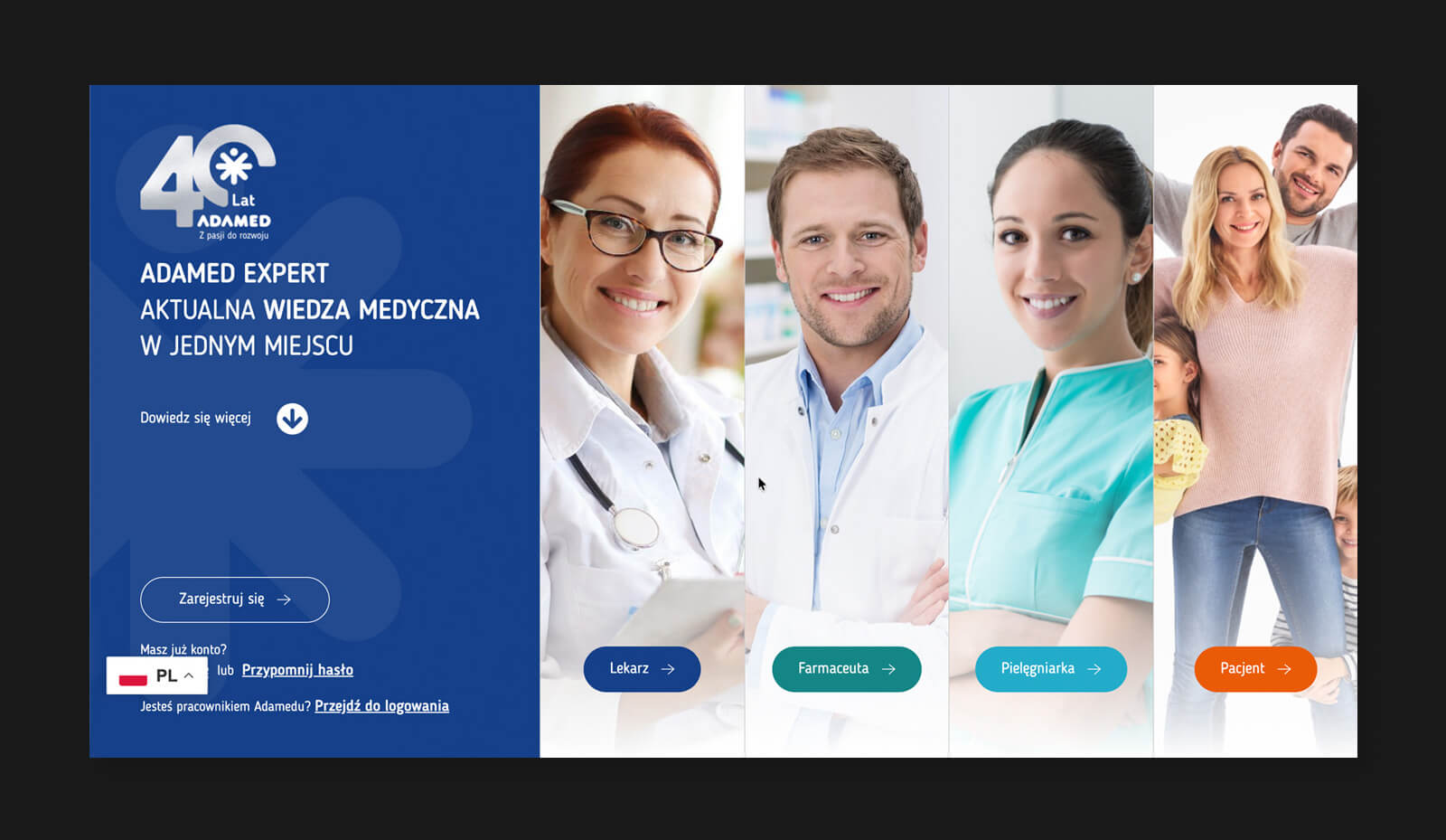 Makieta strony startowej portalu Adamed Expert z podziałem na sekcje dla lekarza, farmaceuty, pielęgniarki i pacjenta.