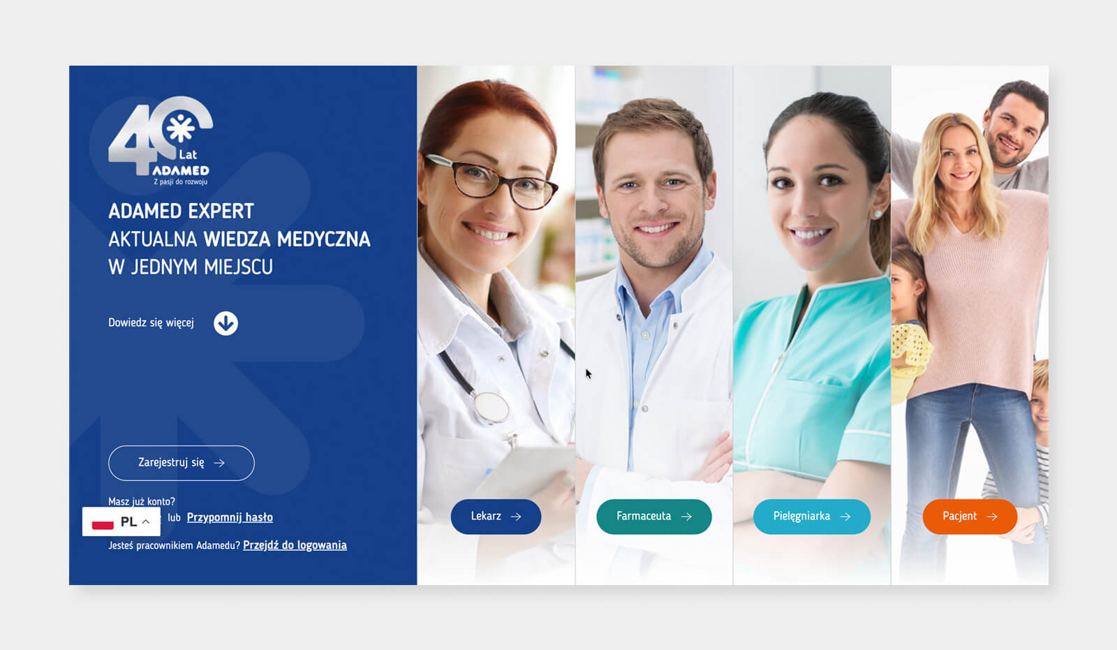 Makieta strony startowej portalu Adamed Expert z podziałem na sekcje dla lekarza, farmaceuty, pielęgniarki i pacjenta.