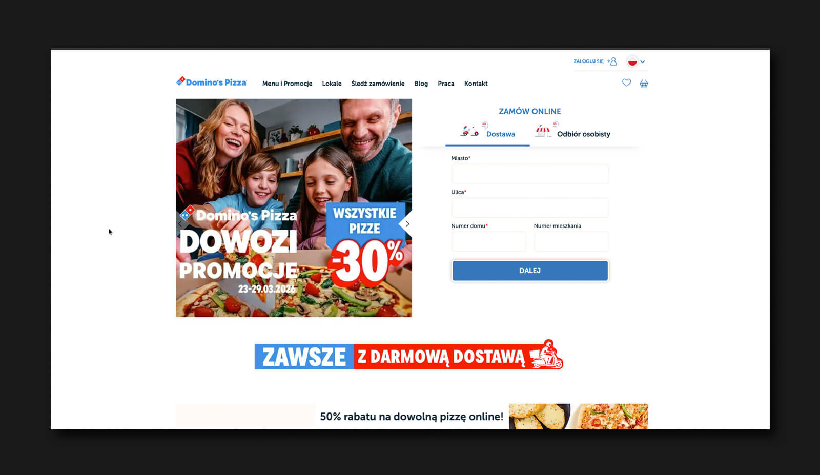 Makieta strony Domino's Pizza do składania zamówień online