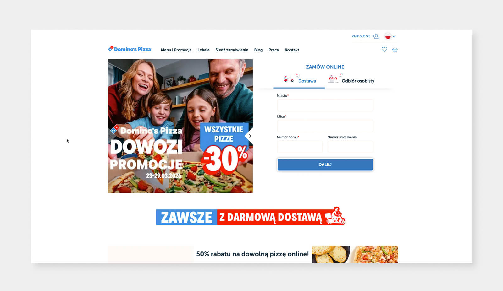 Makieta strony Domino's Pizza do składania zamówień online