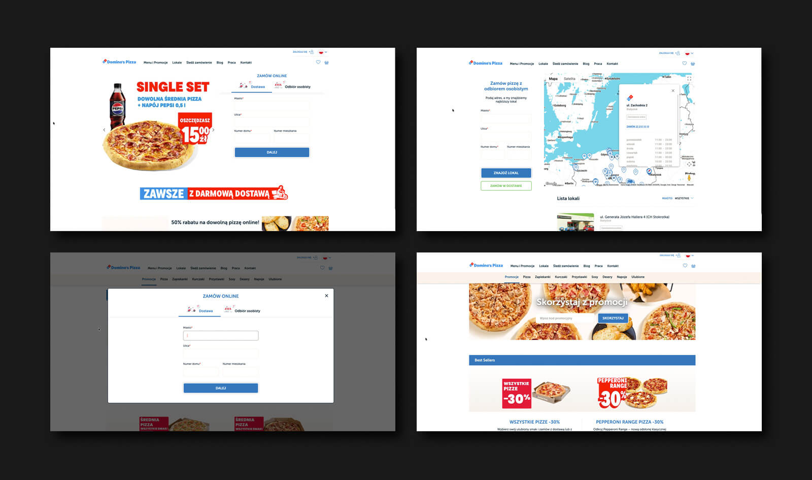 Makieta kilku widoków platformy e-commerce Domino's Pizza
