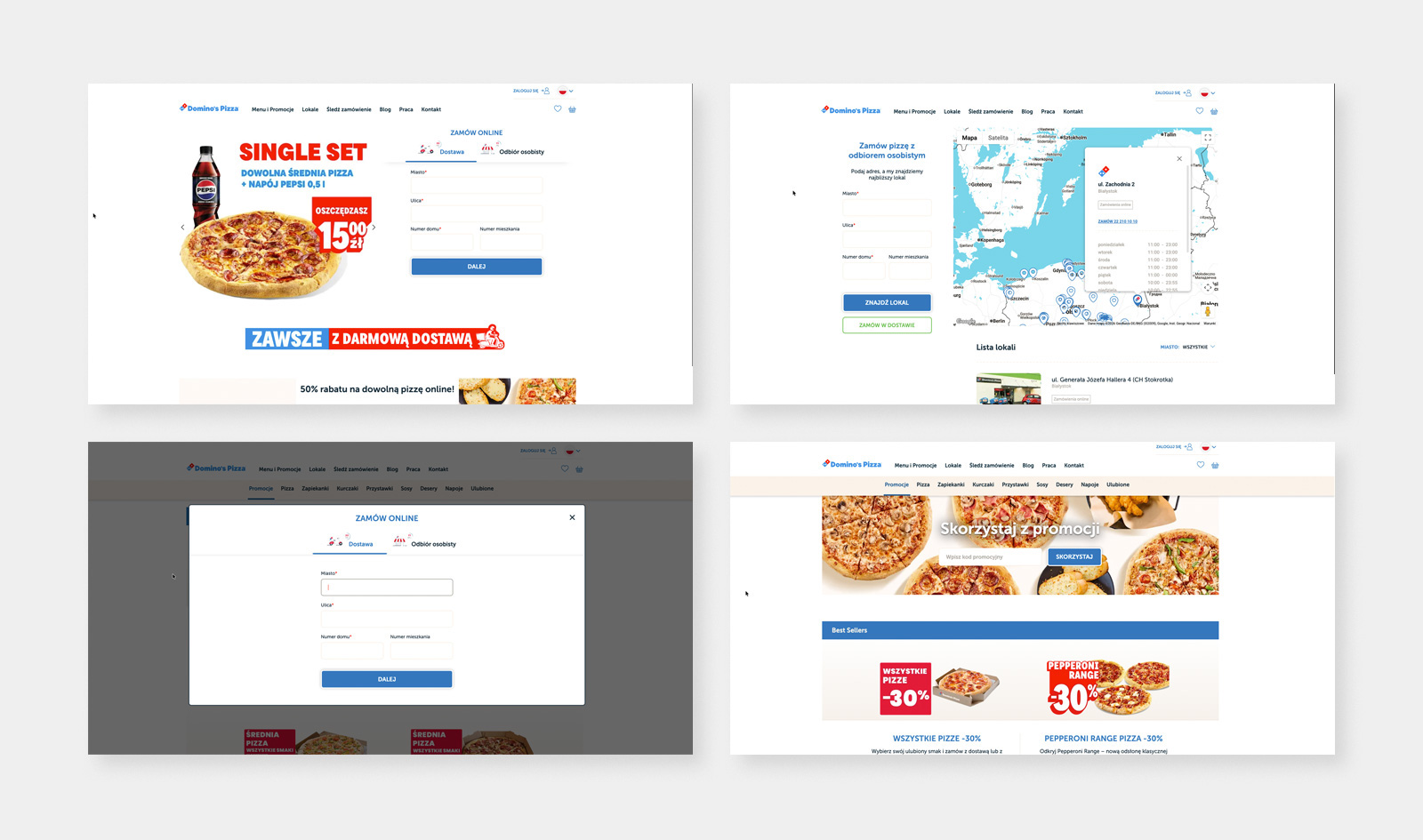 Makieta kilku widoków platformy e-commerce Domino's Pizza